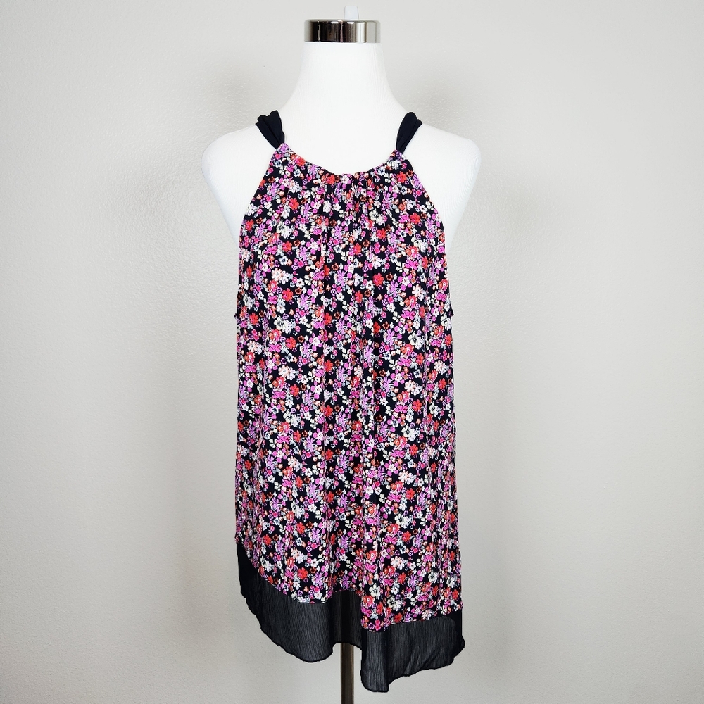 T TAHARI Navy Shirley Sleeveless Floral Blouse Large